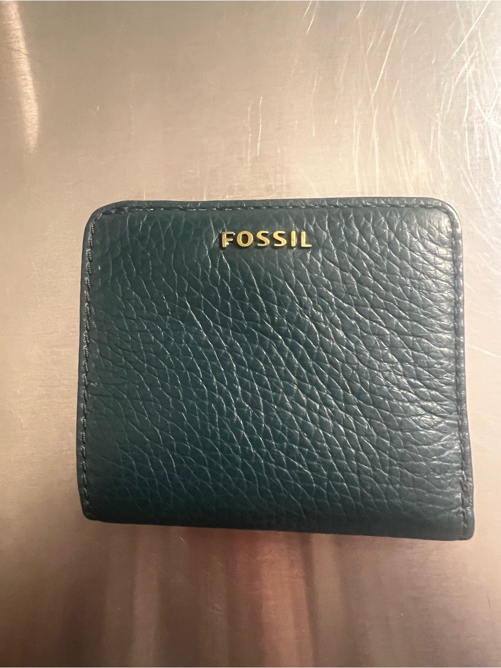 Fossil Teal Pebbled Leather Card Holder with Gold Logo